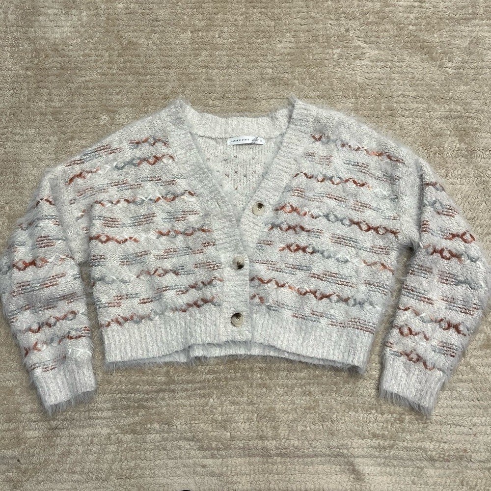 Altar'd State White Striped Eyelash Cropped Cardigan Sweater size small